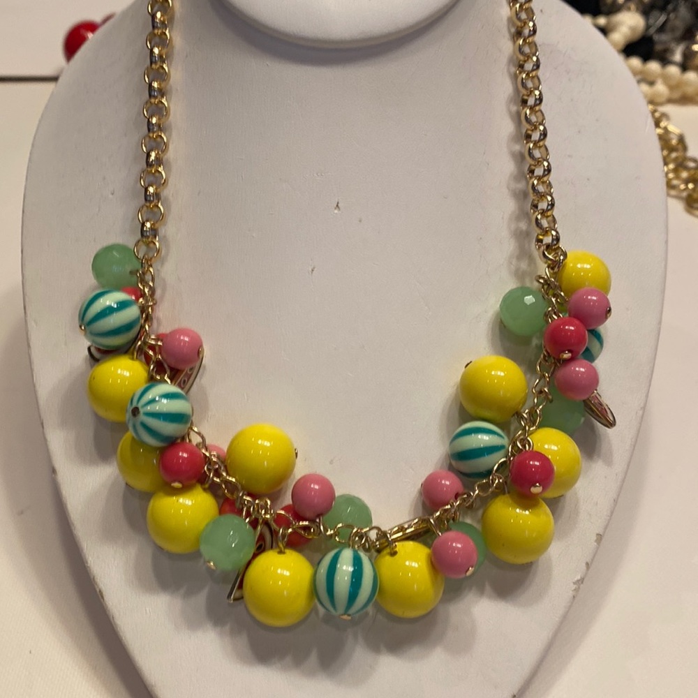 Colorful Bead Cluster Necklace - Yellow, Pink & Green
